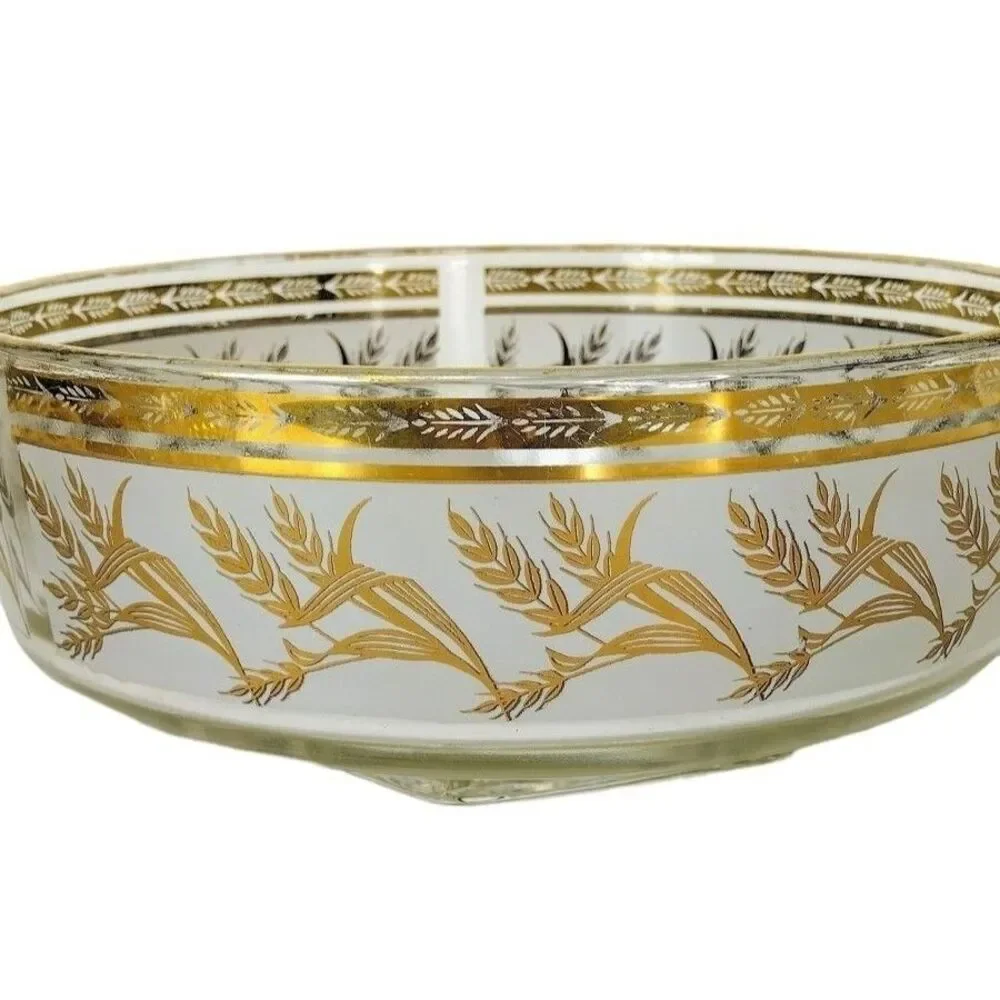 Vintage 60s MCM Gold Wheat Heavy Bottom Frosted Glass Pedestal Chip Bowl